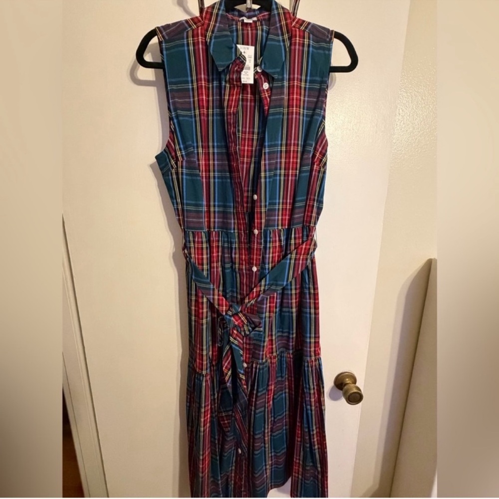 J. Crew Sleeveless Plaid Midi Dress in Teal and Red
